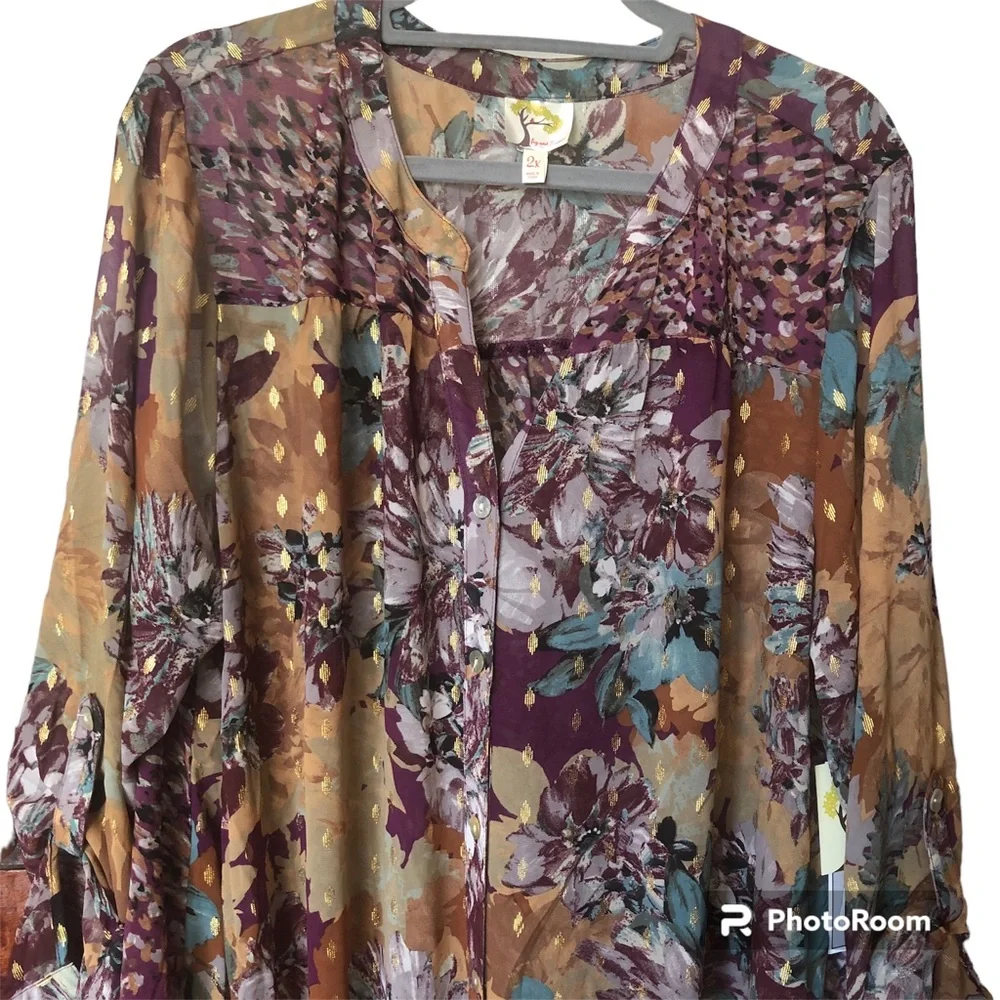 Anthropologie Fig & Flower Mixed Media Floral Button Front Semi Sheer Boho Plus - Picture 6 of 16
